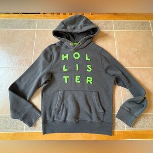 Hollister Dark Gray Hooded Sweatshirt with Neon Green Accents Mens Large